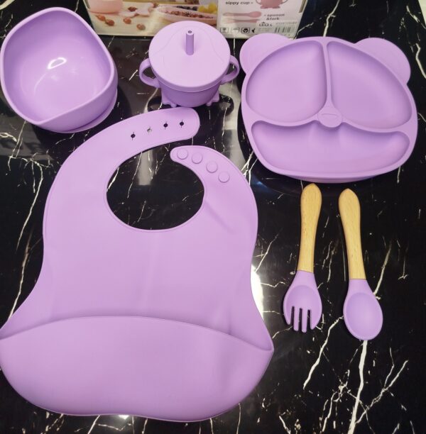 SET DE ALIMENTACION PARA BEBE DE SILICONA (celeste lila plomo y verde cemento - Imagen 6