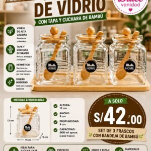 FRASCOS DE VIDRIO CON TAPA Y CUCHARA DE BAMBU