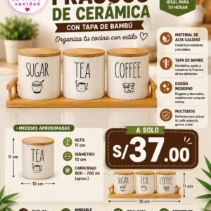 SET FRASCOS DE CERAMICA CON TAPA DE BAMBU MEDIANO