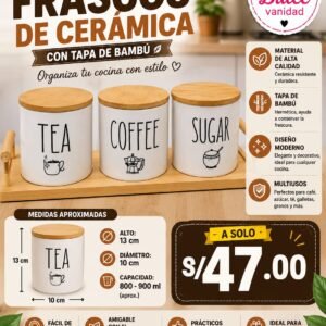 SET FRASCOS DE CERAMICA CON TAPA DE BAMBU GRANDE