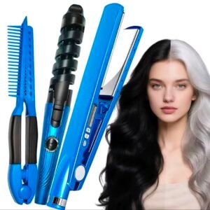 SET DE PLANCHA + TENAZA Y PEINE( SOLO AZUL )